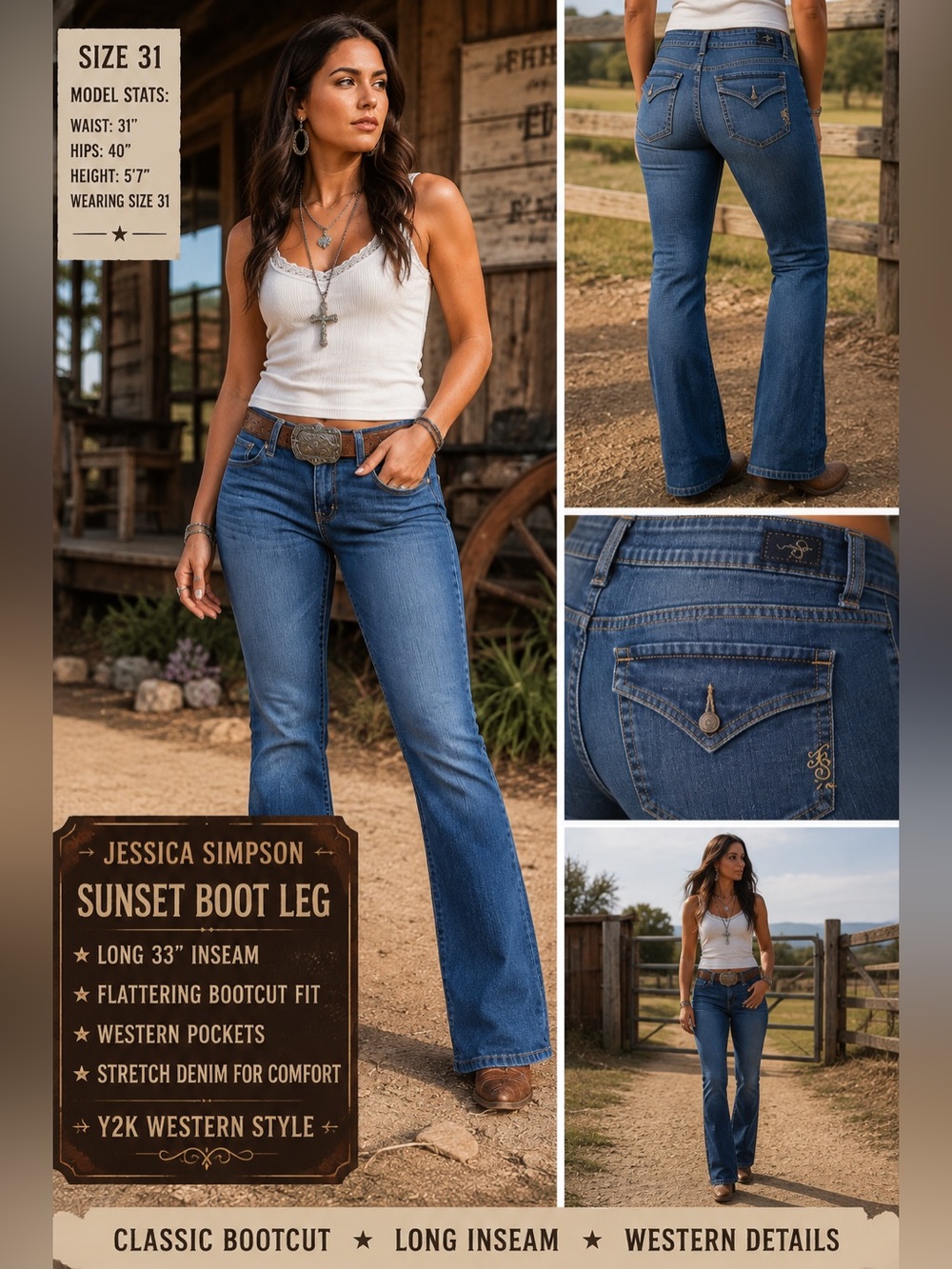 Jessica Simpson Sunset Bootcut Jeans Size 31 Long 33” Inseam Y2K Western
